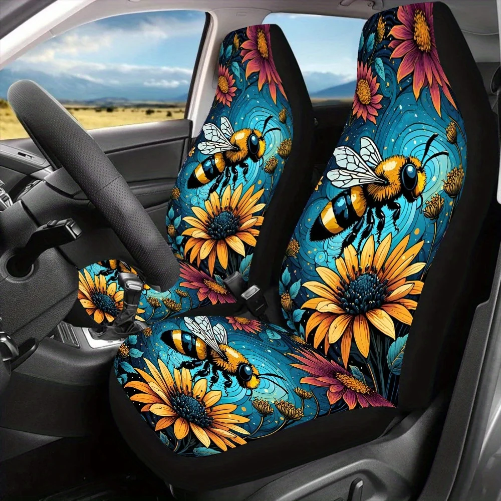 

2-Piece Sunflower & Bees Printed Universal Seat Covers Set For Women And Men - Sponge Filled Canvas Front Seat Protectors For SU