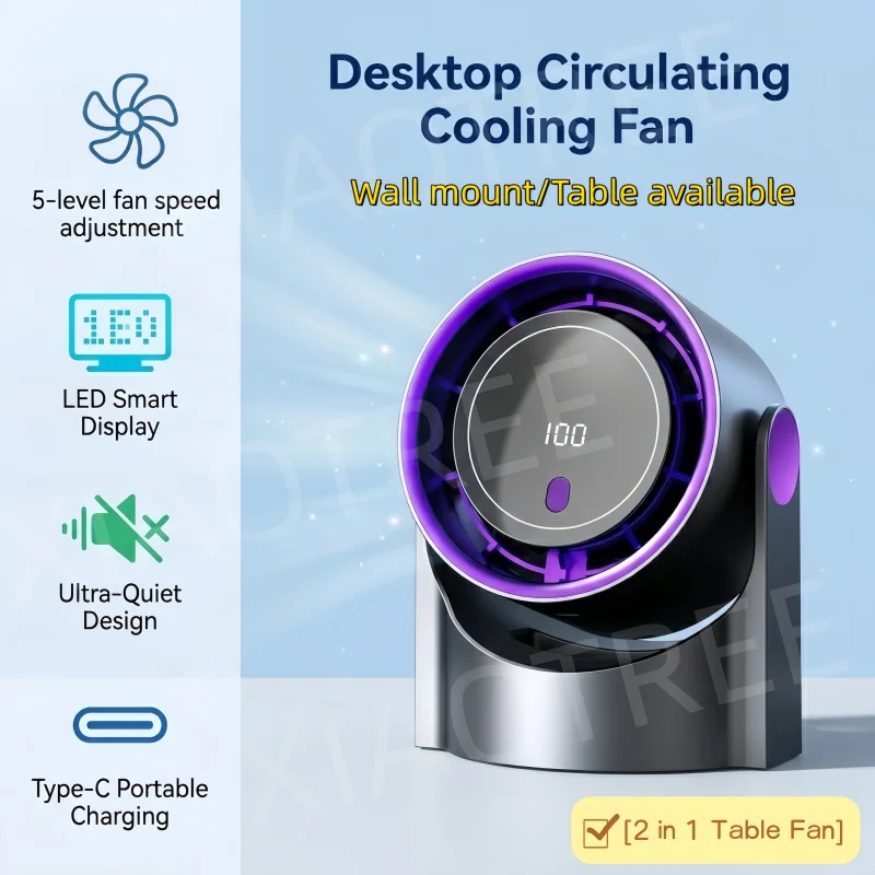 

XIAOTREE Table Fans 100 Speeds Wall-Mounted Desk Fan Ultra Quiet Battery&Speed Mode LED Display Portable Fan for Office