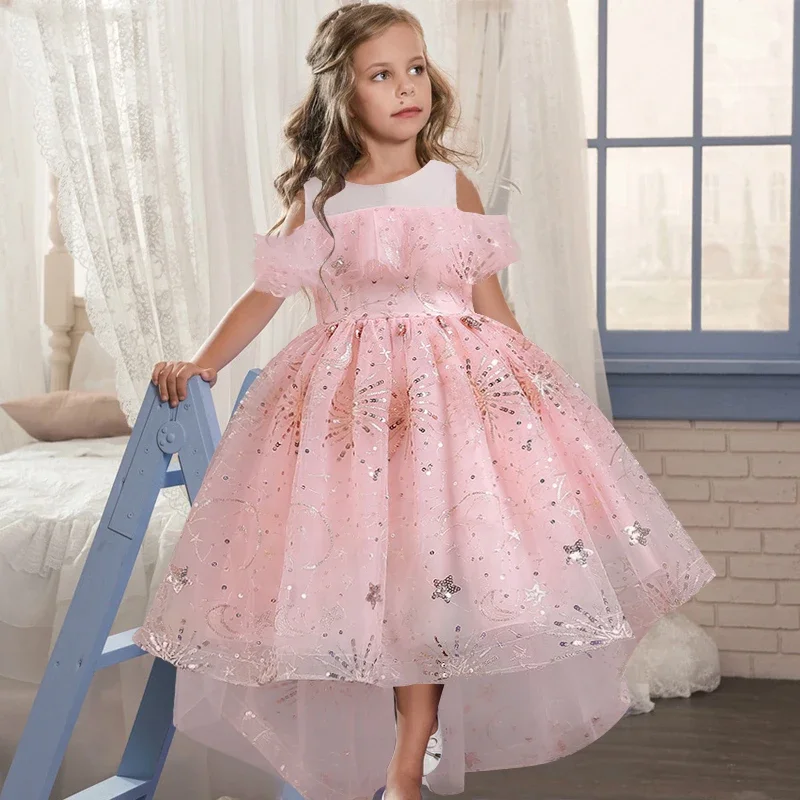 New Girls' Sequin Tailed Wedding Dress 3-12t Girls' Baby Mesh Embroidery Bead Sequin Flower Tailed Fluffy Dress