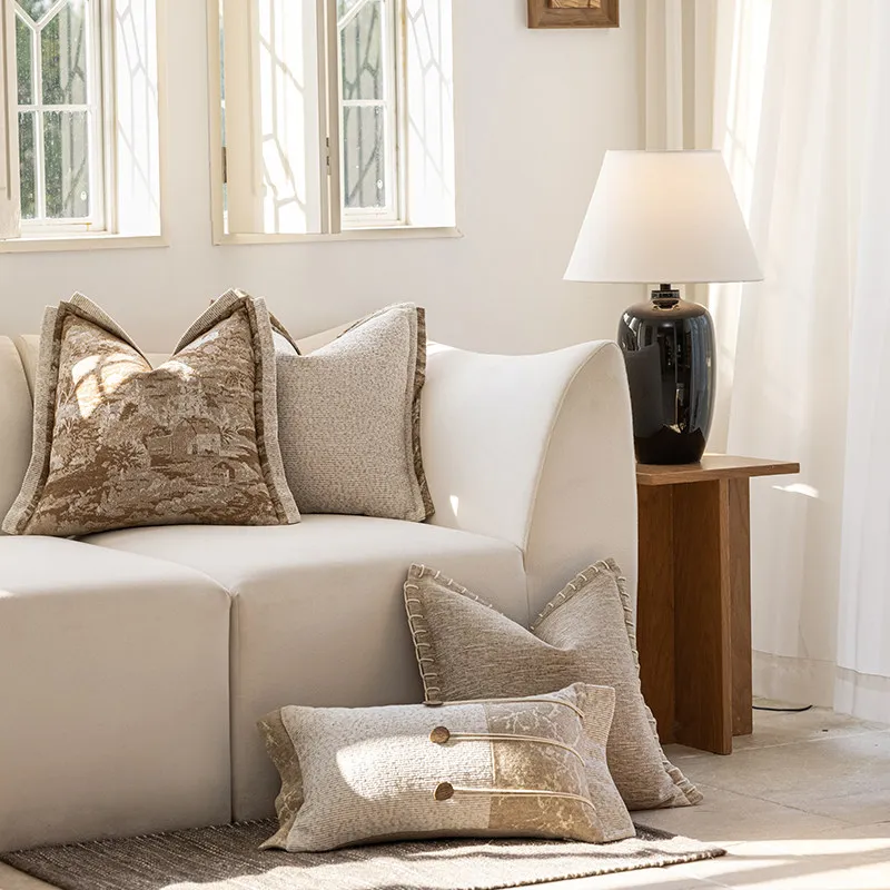 Luxury Neutral Textured Throw Pillow Cover Vintage Toile & Woven Cushion Modern Farmhouse Decorative Pillows For Sofa Home Decor