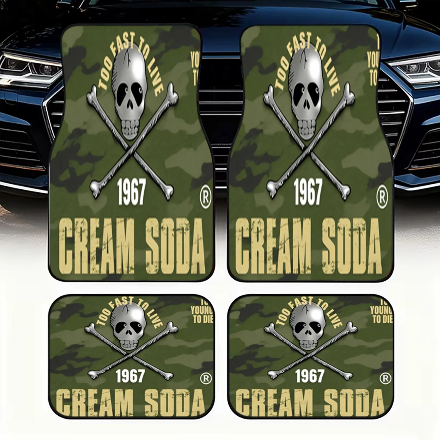 4pcs Car Floor Mats | Polyester Material, Skull & Bones Graphic Design With 