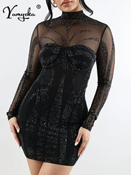 Sexy see through black rhinestone summer dress women club birthday evening short party dresses woman bodycon mini dress vestidos