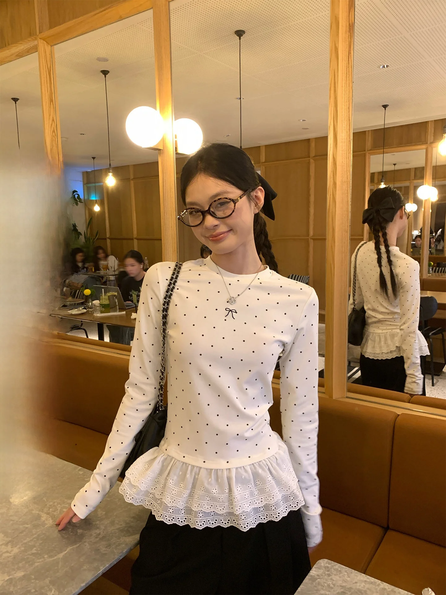 

Женская длинная футболка с кружевной базой в белый горошек, осень-зима, модная красивая внутренняя одежда, повседневная облегающая хлопковая футболка...
