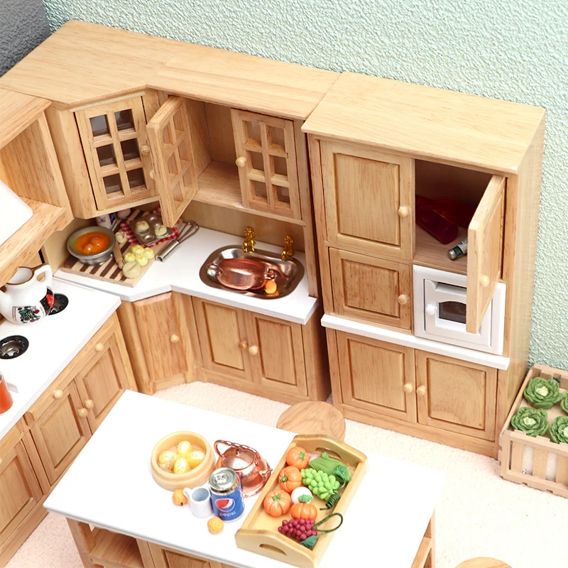 1Set 1:12 Dollhouse Miniature Kitchen Furniture Sink Cabinet Stove Cabinet Cupboard Cooking Table Stool Model Decor Toy