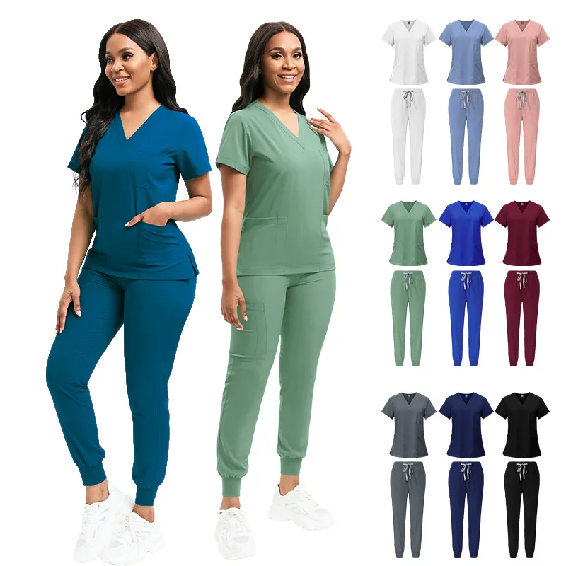 Mulheres v-Neck manga curta Scrub Suit, Uniformes de enfermagem cirúrgicos, Enfermeira Uniformes, Enfermeira Workwear, Clínica Médica Scrub Suit