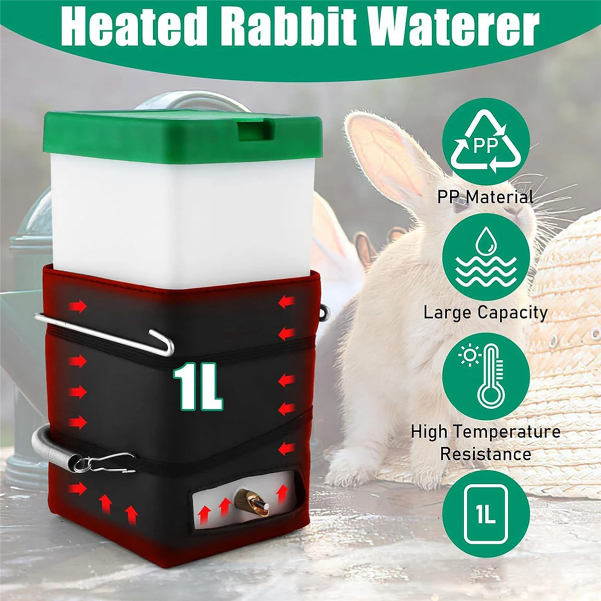 

Heated Rabbit Water Bottle, 32 Oz No Drip Water Bottle for Rabbits, Hamster, Guinea Pigs, Ferrets, Birds, Cockatiel