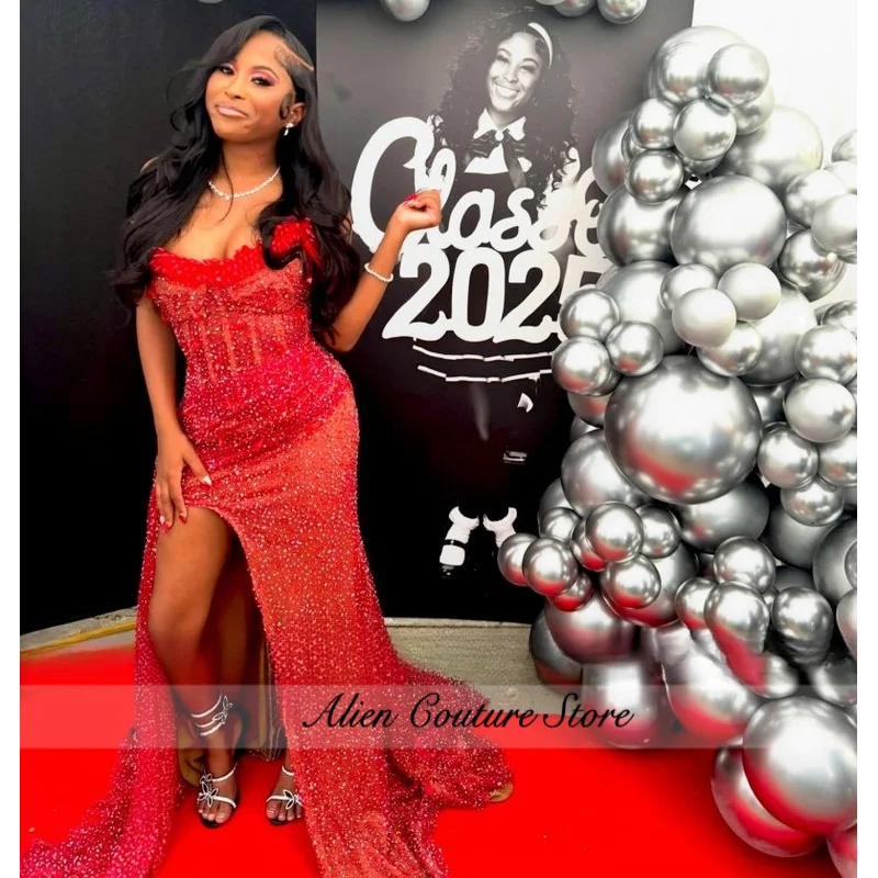 

Sexy Red Prom Dresses Black Girls Matric Dance Corset Sequin Long Party Dress African Mermaid Evening Gowns Customized