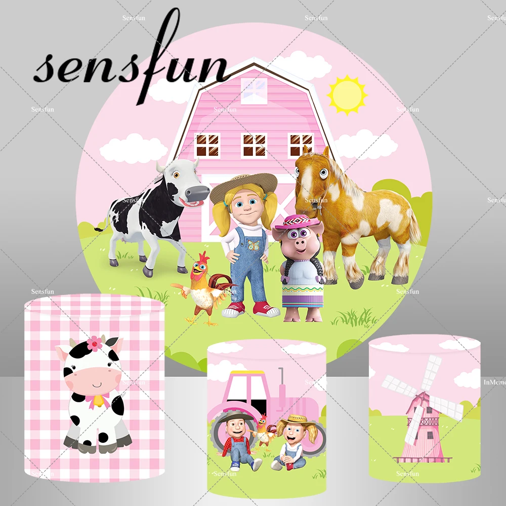 Animals Pink Barn Farm Theme Round Backdrop Cover for Girls Birthday Party Decoration Cow Tractor Pedestal Covers Elastic