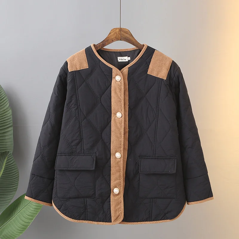 Women 2024 New Contrast Color Thin Cotton Jacket Autumn Winter Middle-aged Mother Causal Famale Overcoat Corduroy Parkas Outwear