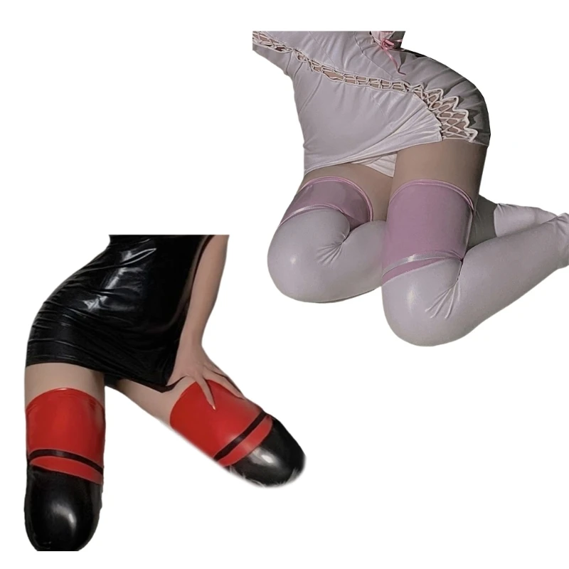 Striped Wet Look Faux Leather Thigh High Stockings Elastic Over Knee Socks with Glossy Finish for Drop Shipping