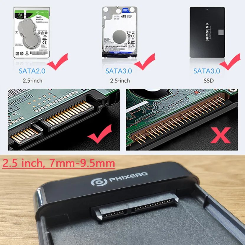 PHIXERO HD Externo USB 3.0 SATA 인클로저 SSD 하드 드라이브 외장 케이스, PC Macbooc 노트북용 디스크 보관함, 5Gbps 7mm 9.5mm