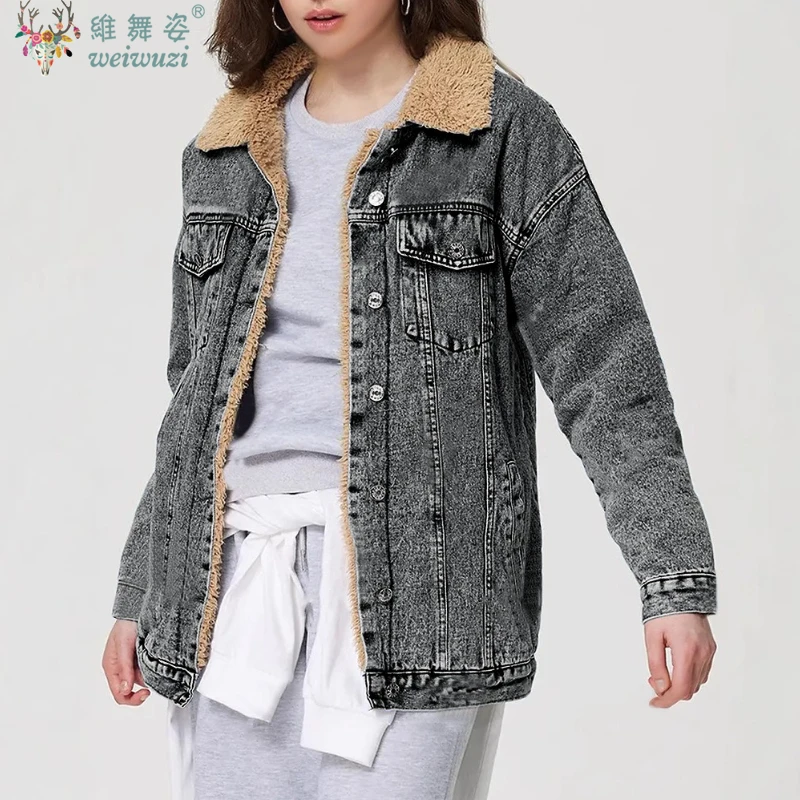 Kurtki jeansowe damskie Harajuku na zimę, vintage, jednorzędowe, luźne, grubsze, ocieplane polarem, ciepłe kurtki kowbojskie, odzież wierzchnia streetwearowa, casual.