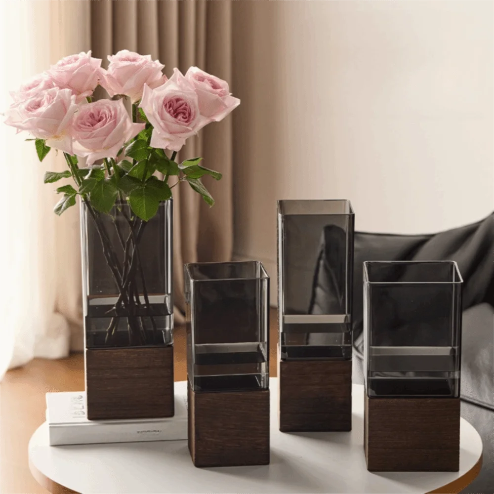 Nordic-Style Acrylic Flowers Vase Transparent Square/Round Light Luxury Vase Minimalism Wooden Base Decorative Vase