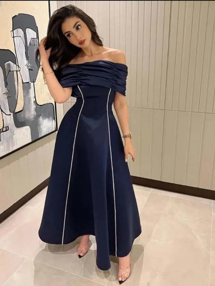  Off The Shoulder  Sexy Casual  Short Dubai Ankle Length A Line Black Satin 2023 Women Occasion Evening Gowns 