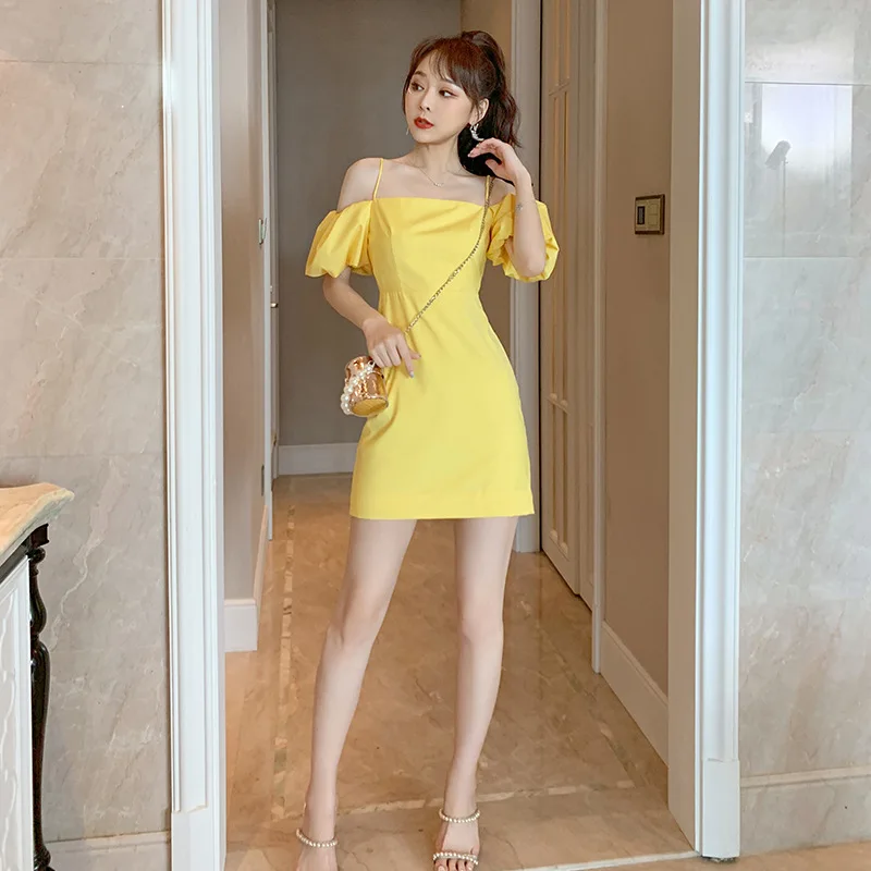 Cold Wind Women's Clothing Design Sense One-word Shoulder Celebrity Bubble Sleeves Off-the-shoulder Suspender Dress Summer