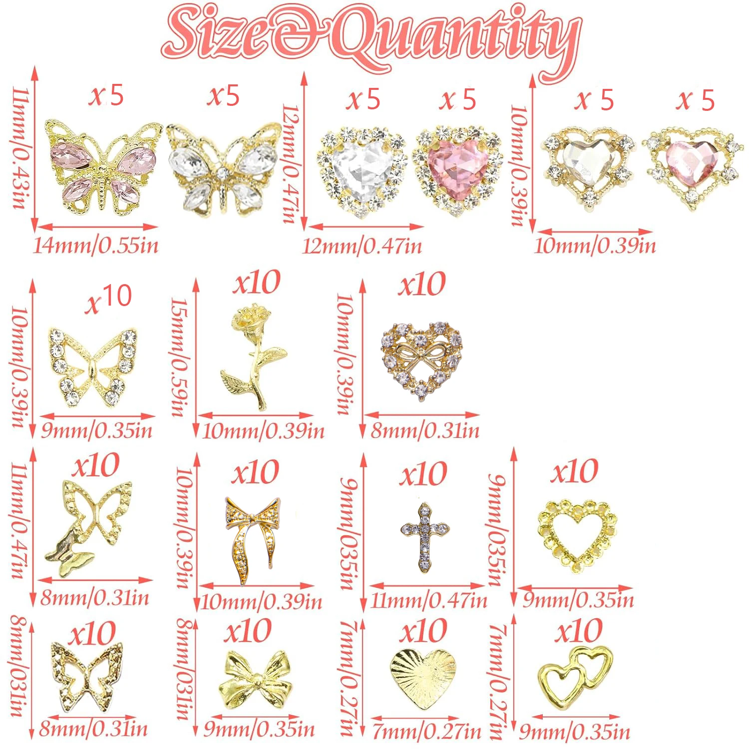 135PCS Gold Nail Charms 3D Butterfly Nail Gems Pink Crystal Heart Nail Art Jewelry Bow Charms  for Acrylic Nails Glitter