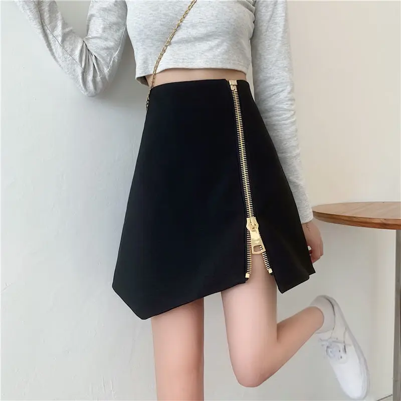 Mini Zipper Skirts Women Irregular High Waist One-piece Streetwear Retro Basic All-match OL Females Summer Chic Ins Vacation