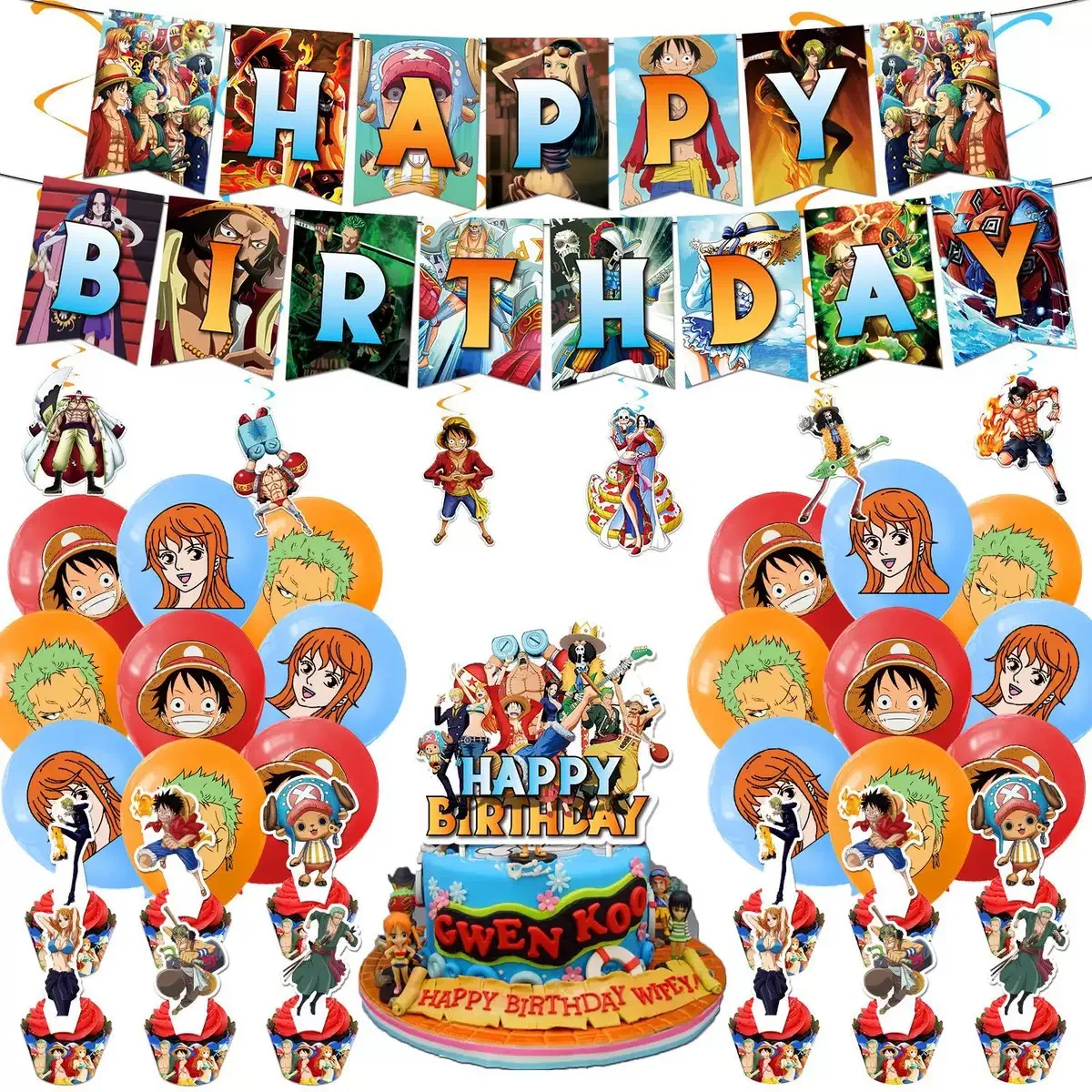 

One Piece themed birthday party decoration, flag raising cake, card inserting balloon, spiral hanging decoration arrangement
