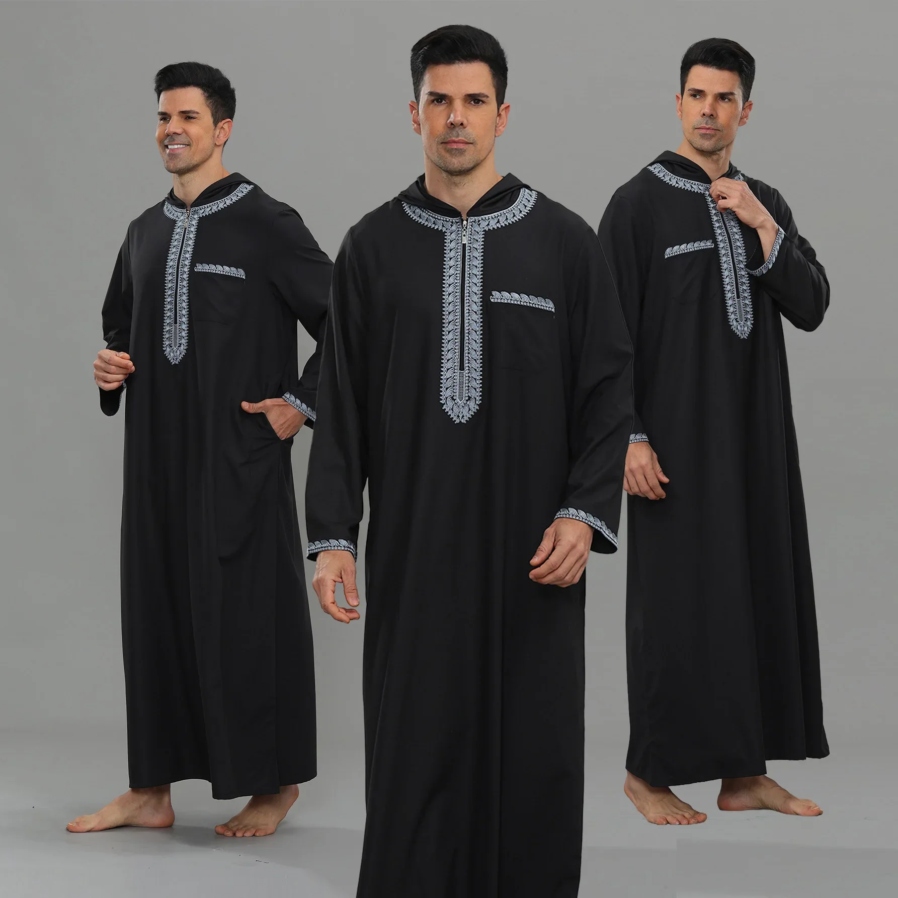 

Turkey Thoub Hooded Robe Muslim Men Jubba Thobe Abaya Embroidery Zipper Caftan Daffah Dishdasha Kaftan Djellaba Islam Clothing
