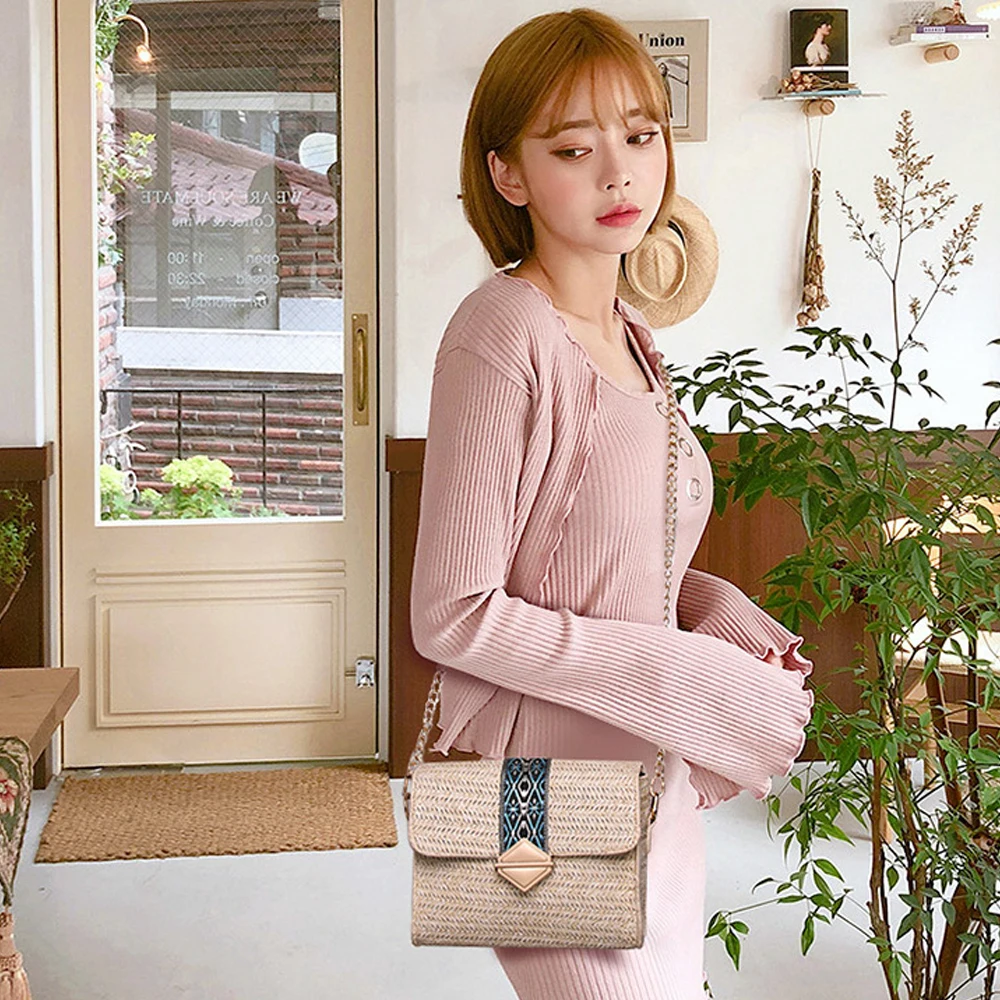 2023 New Square Straw Bags Women Fashion Rattan Messenger Bag Ptgirl Handbag bolsas sacos соломенная сумка clutch Crossbody bag