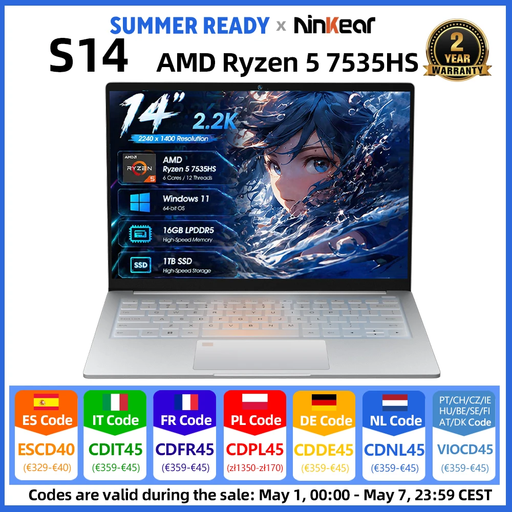 Ninkear S14 Laptop 14 Zoll 2.2K Display AMD Ryzen 5 16GB LPDDR5 1TB SSD WiFi 6 Fingerabdruck-Erkennung Notebook Leicht für Büro Studenten Multimedia