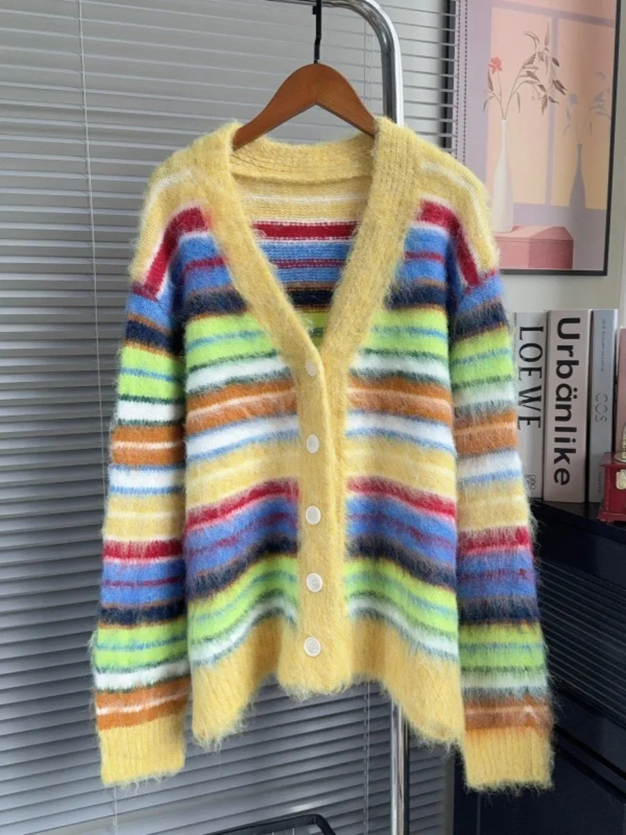 Retro Rainbow Striped Cardigan Women Wool Sweater Autumn Winter Colour-blocked Sweater Soft Knitted Warm Wool Cardigans Sweater