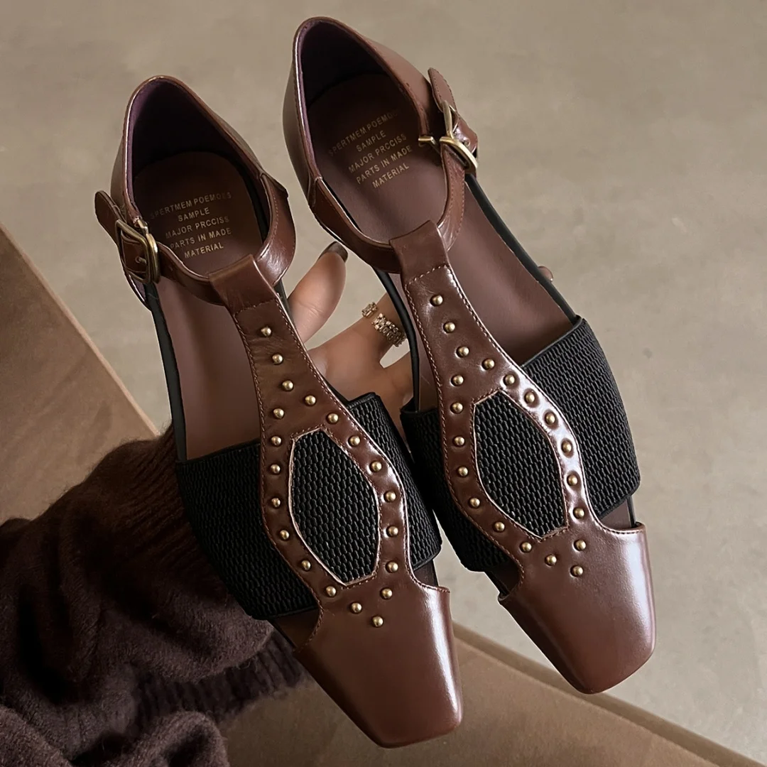 

Women's cow leather/natural suede lather elastic band patchwork t-strap flats sandals rivet decoration casual female summer shoe