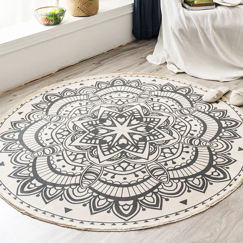 Boho Retro Handmade Round Rug and Carpets for Home Living Room Nordic Ethnic Style Cotton Linen Floor Mats Bedroom bedside Decor