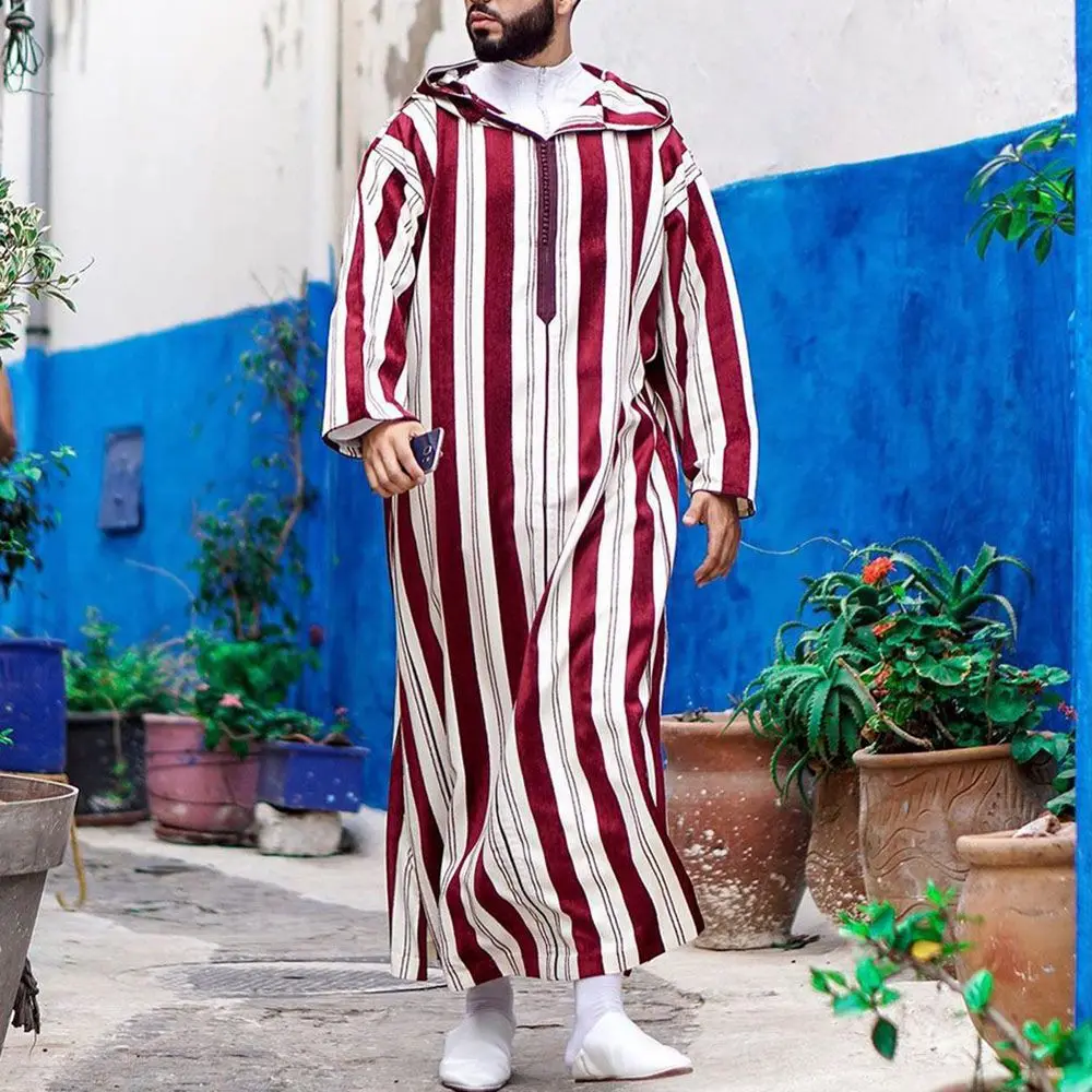 Nuovo Medio Oriente Abbigliamento Musulmano Manica Lunga Completo da Uomo Arabo Patchwork a Righe da Uomo Musulmano Marocchino con Cappuccio Veste