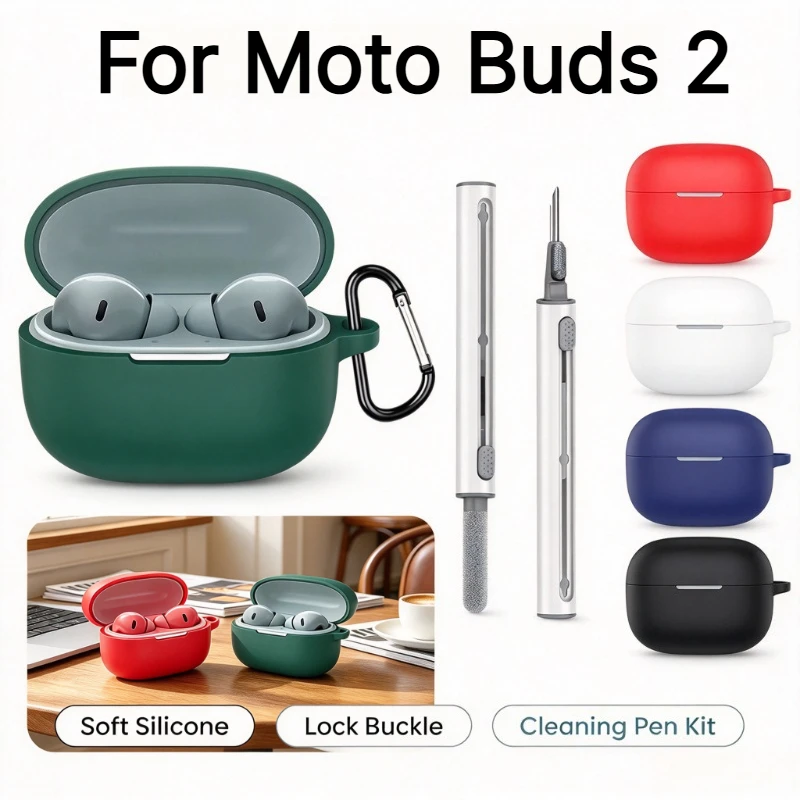 For Moto Buds 2 Silicone Earbuds Case Shockproof Dustproof Cover With Lock Buckle, Gift Cleaning Pen