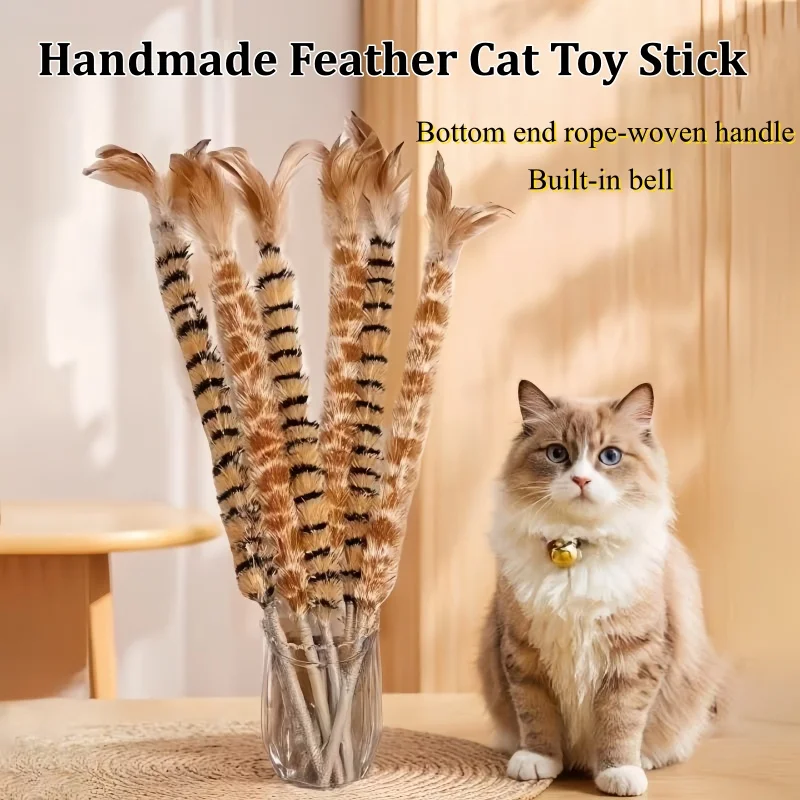 Interaktives Katzenspielzeug, handgefertigt, Feder-Katzenspielzeug, Stick mit Glöckchen, Zähneknirschen, langlebiger Sisalseilgriff, lustiges Spielzeug, Katzenzubehör