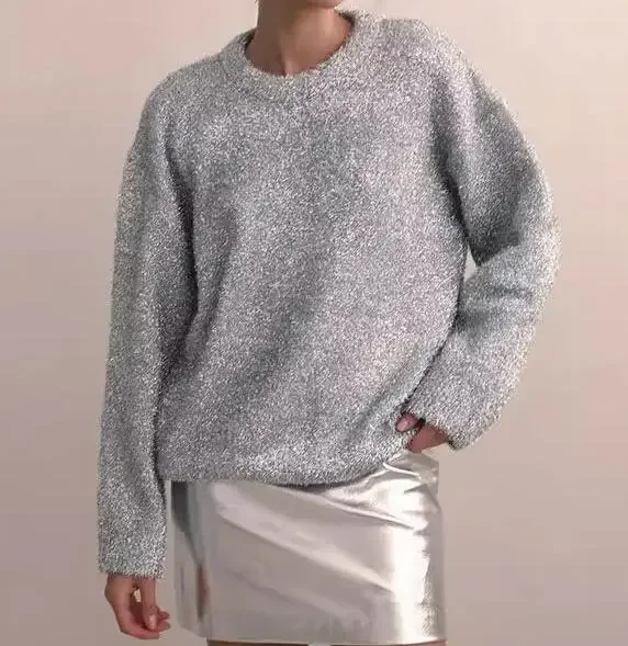 TEELYNN Silver Casual Long Sleeve Hooded Sweater for Women Vintage Metal Coated Knitted Loose Sweatshirt Boho Pullover Jumper