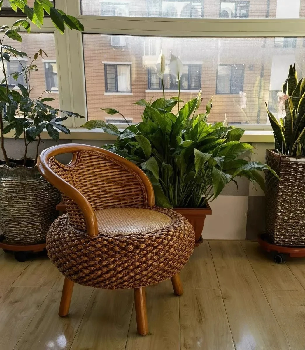 3 Piece Rattan Chair Set for Balcony Small Wicker Pumpkin Chair Round Woven Tea Table Outdoor Leisure Seating for Elderly