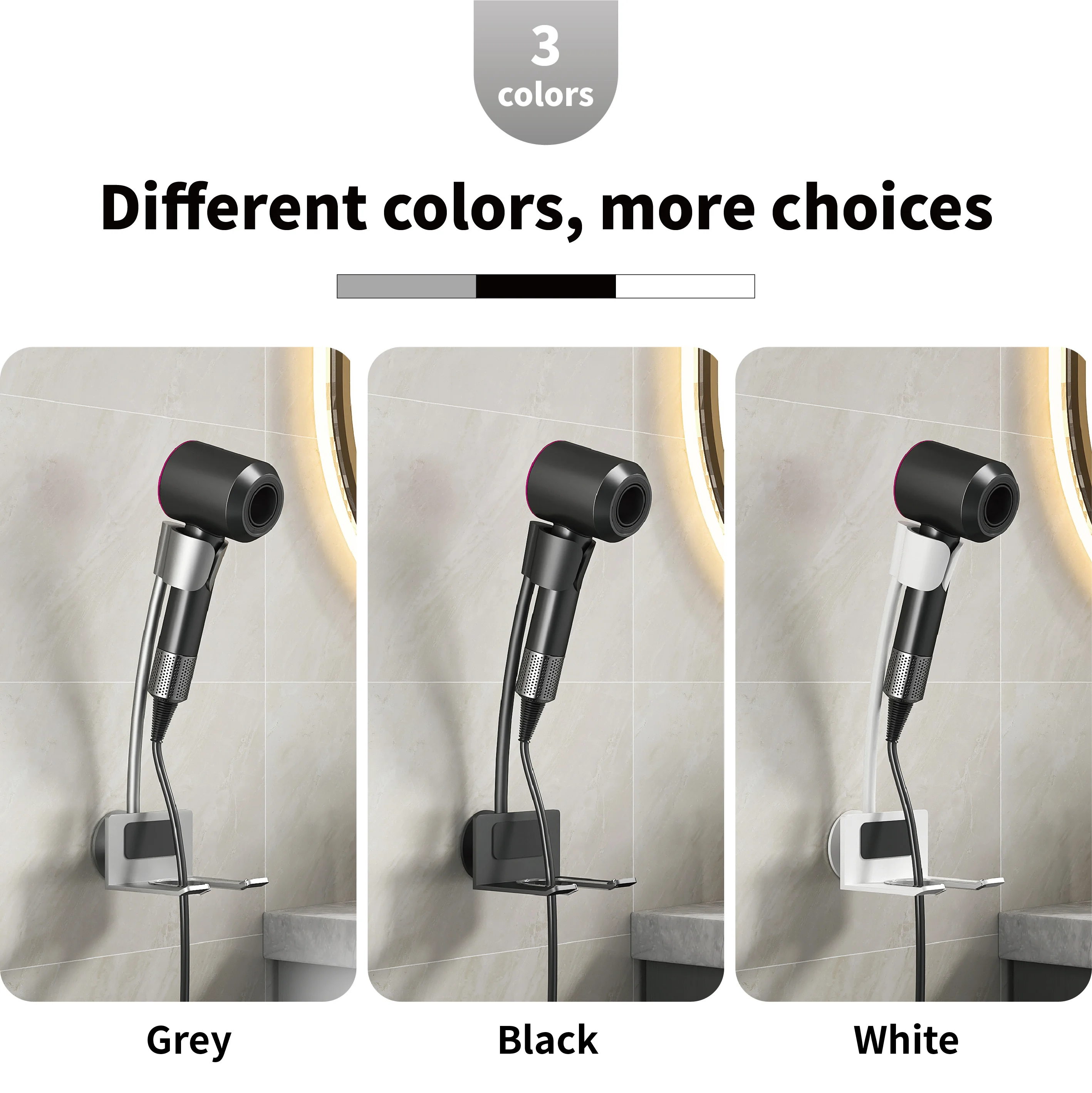 Wall Mounted Hair Dryer Holder Aluminum Alloy Airwrap Stand with Glue Adjustable Hands-Free Blow Dryer Holder for Convenience