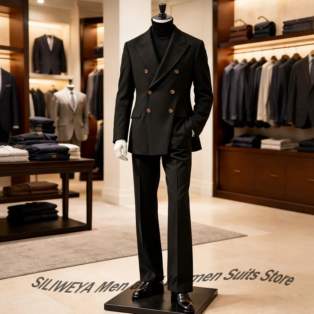 

Black Double Breasted Man Pants Set Classic Slim Fit Formal Jacket+Trousers 2 Pieces Suit for Business & Wedding Party