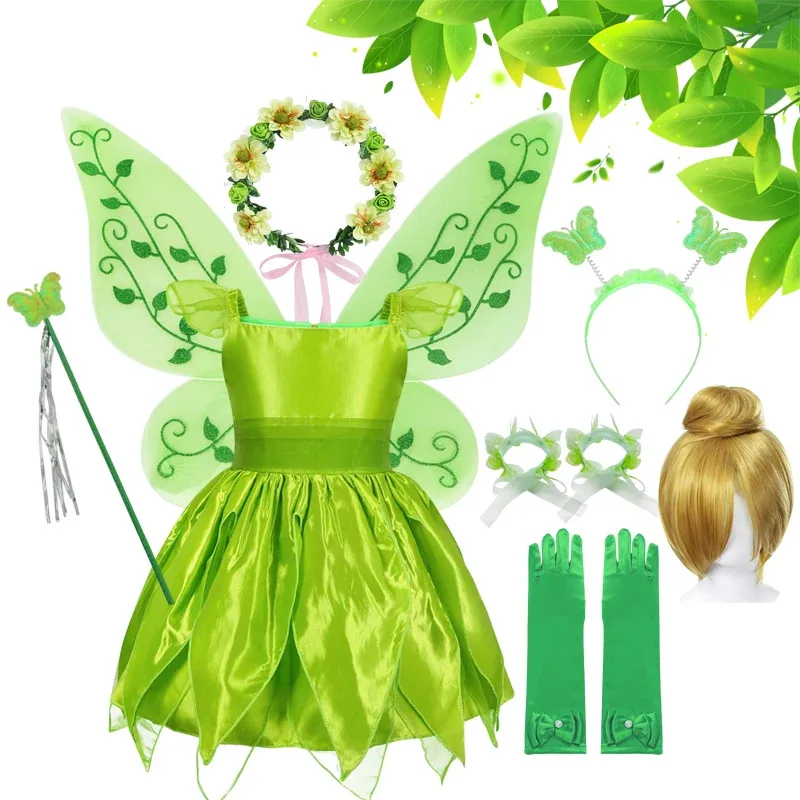 

New Girls Tinker Bell Costume Children's Green Fairy Princess Fancy Dress Birthday Party Dress Carnival Party Cosplay Costume