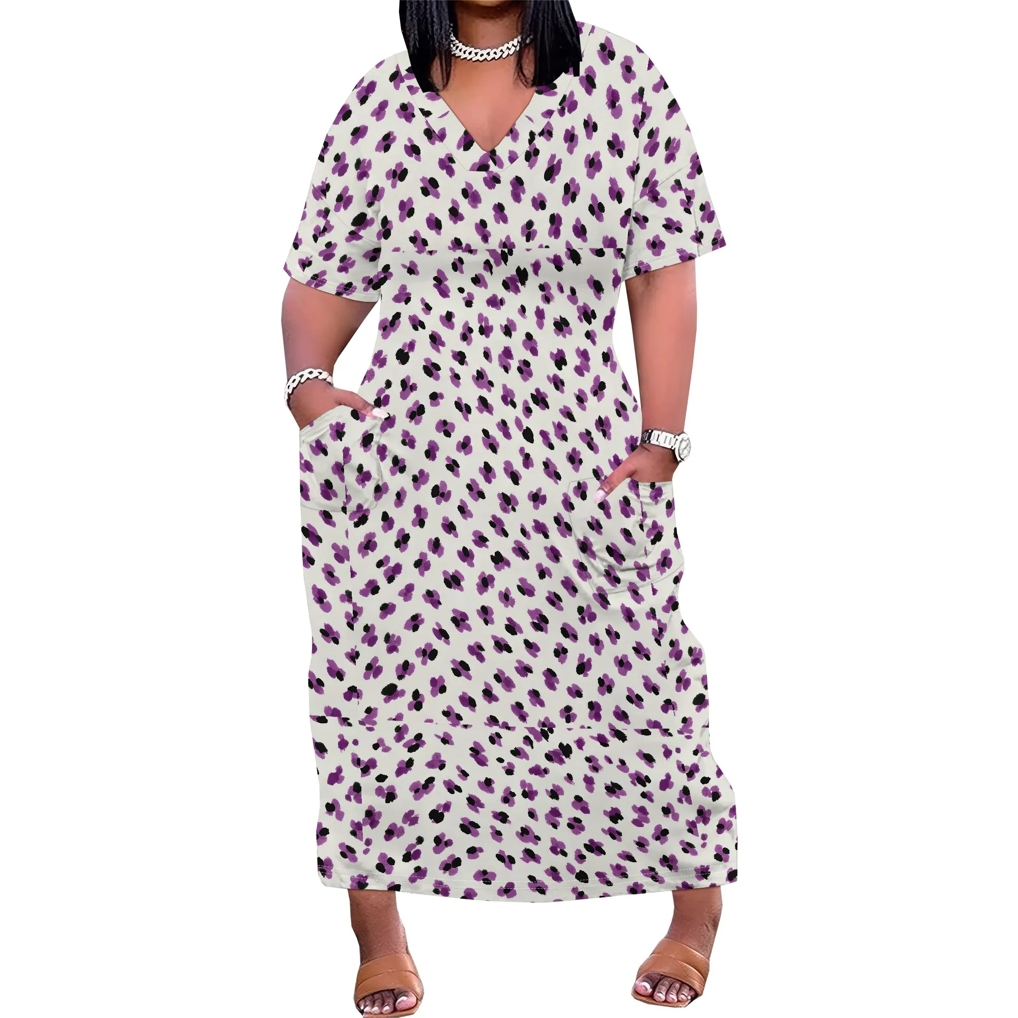 Women's Plus Size African Print Dresses Casual Loose Pocket Short Sleeve Long Maxi Dress