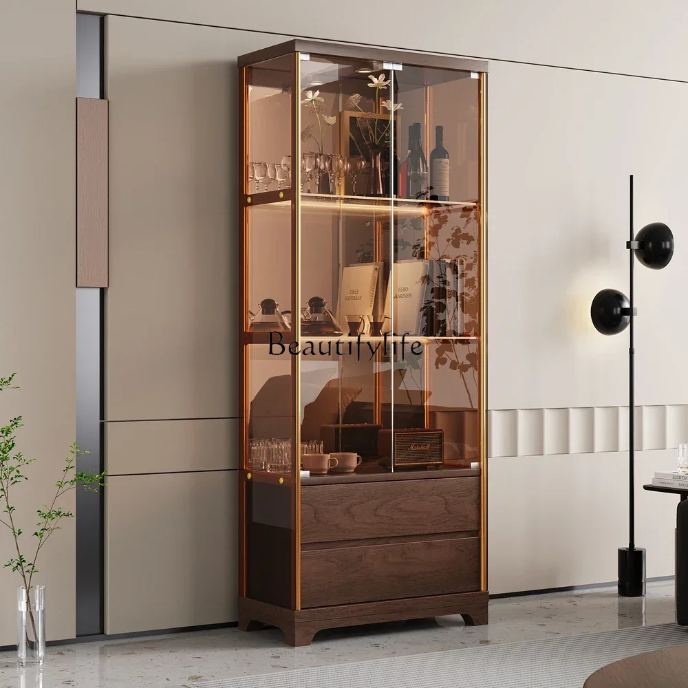 

yj21 New Chinese Style Solid Wood Wine Cabinet Integrated Wall-Mounted Light Luxury Living Room Glass Door Display Cabinet