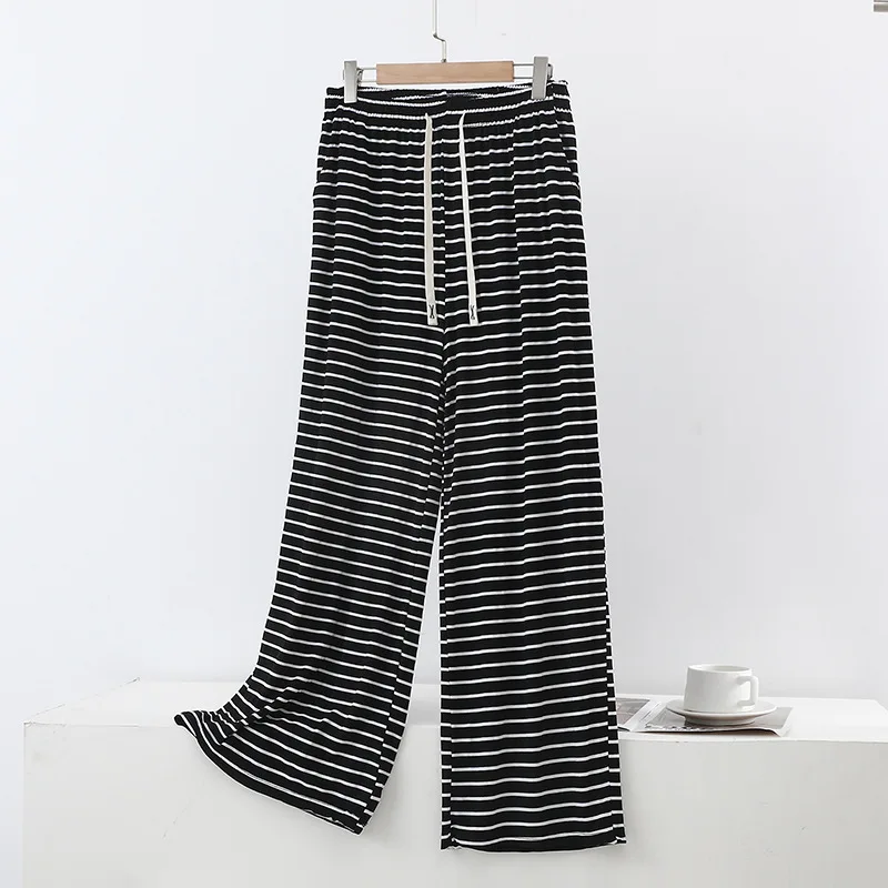 High Waist Striped Wide Leg Pants Women Summer Loose Slimming Long Casual Pants with Pockets Home Wear plus Size Comfortable