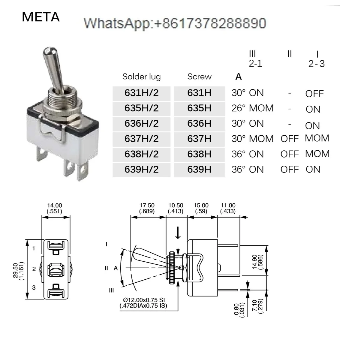 636HK France APEM three-legged two-gear self-locking button switch shaking head switch ON-ON waterproof screw terminal