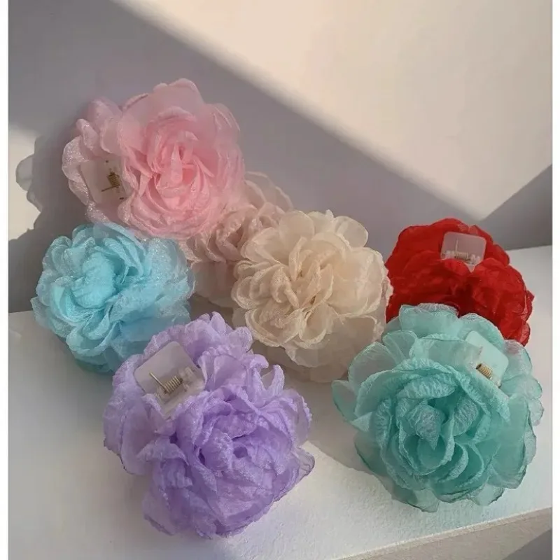 Spring Summer Colorful Rose Flower Hair Claws Clip for Womem Girls Sweet Gauze Floral Hairpin Beach Holiday Hair Accessories