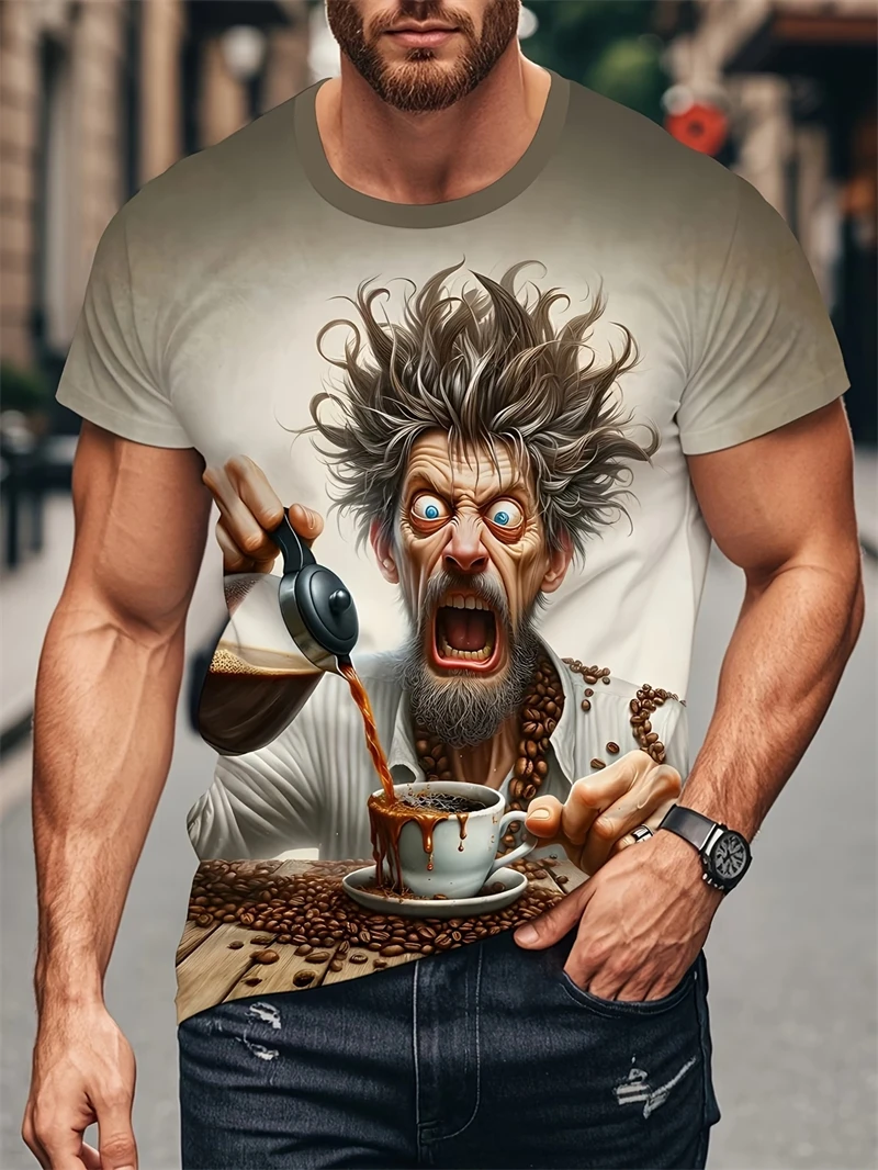3D-gedrucktes T-Shirt mit grafischem Auspuff-Charakter-Motiv für Herren, Kaffeemuster-T-Shirts, Sommermode, Rundhalsausschnitt, lockere Kurzarm-T-Shirts