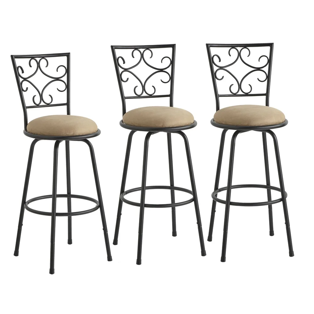

Adjustable Height Swivel Barstool Set of 3 Kitchen Dining Room Comfort Durable Black Metal Frame Microfiber Upholstery