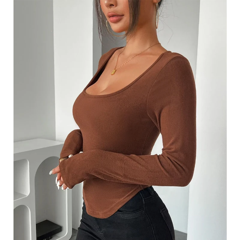 เสื้อยืดแขนยาวผู้หญิง คอลเลคชั่นฤดูใบไม้ร่วง 2025 เสื้อครอปท็อป แฟชั่นฤดูใบไม้ผลิ ฤดูใบไม้ร่วง คอเหลี่ยม เซ็กซี่ ทรงเข้ารูป เสื้อยืดพื้นฐาน สไตล์ Y2k เสื้อผ้าสตรีทแวร์