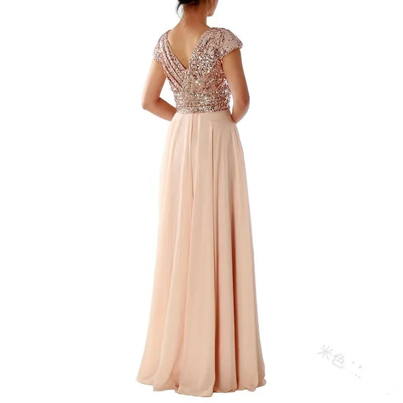 New Foreign Trade Dress for Summer New V-neck Sequin Chiffon Stitched Evening Dress Long Skirt summer dress