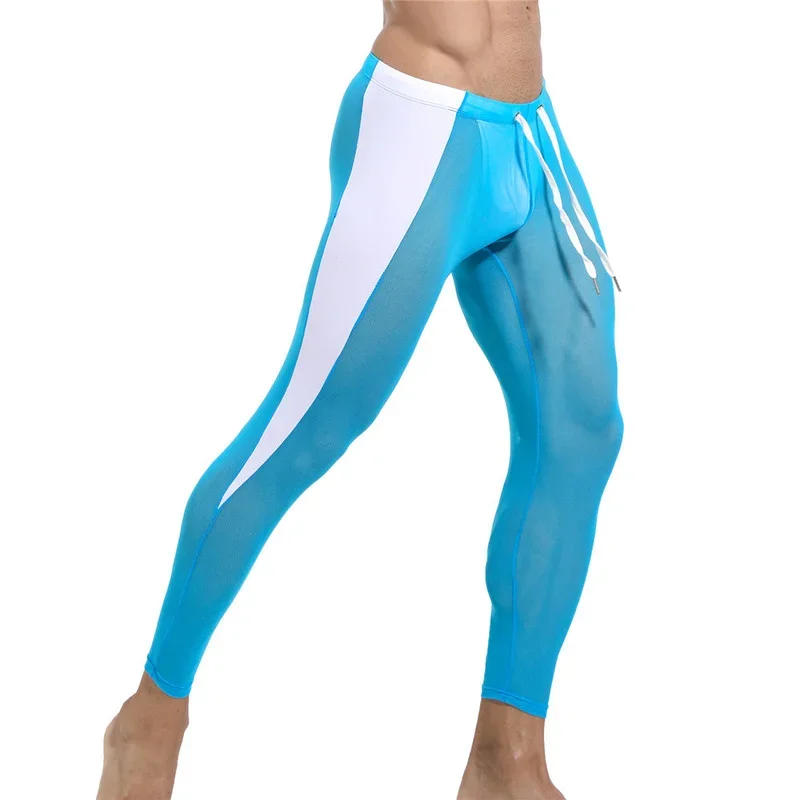 Pantalones largos de malla para hombre, ropa interior Sexy transparente, lencería transpirable, Leggings para dormir en casa, pantalones de pijama