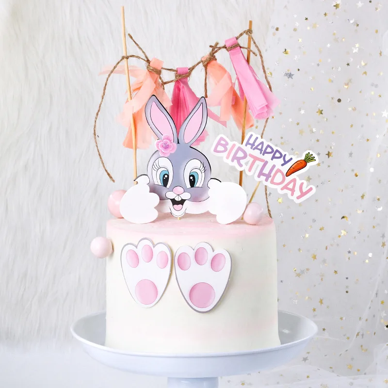 Cake Topper Rabbit Bunny Footprint Carrot Kids Happy Birthday Wedding Decoration Cupcake Decor Party Baking Supplies DIY Easter