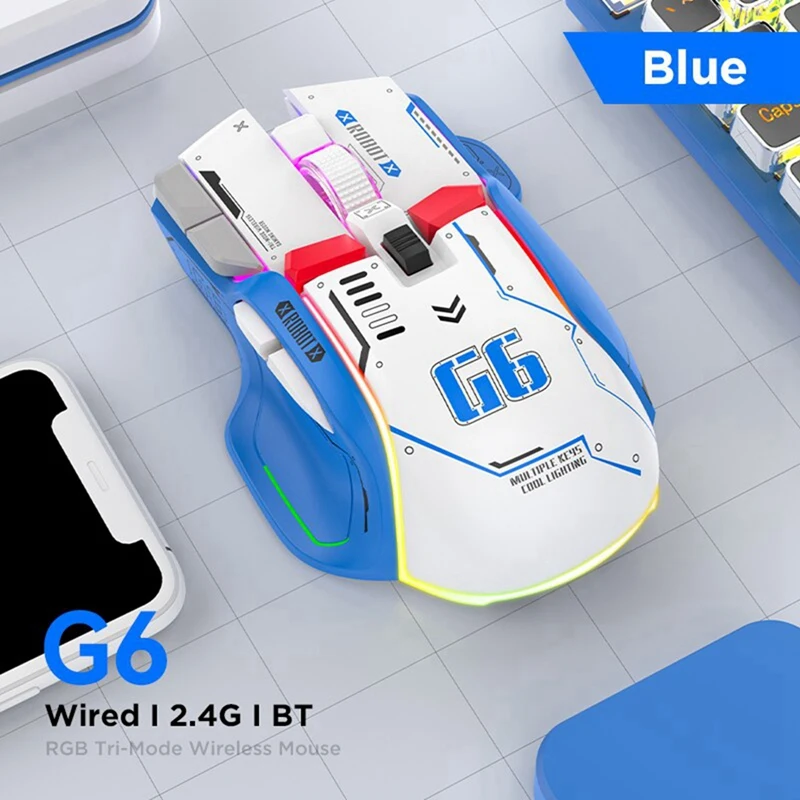 G6 Wireless Gaming Mouse 3 Modes 4000 DPI 11 RGB Backlit Rechargeable Silent Computer Gaming Mice -White