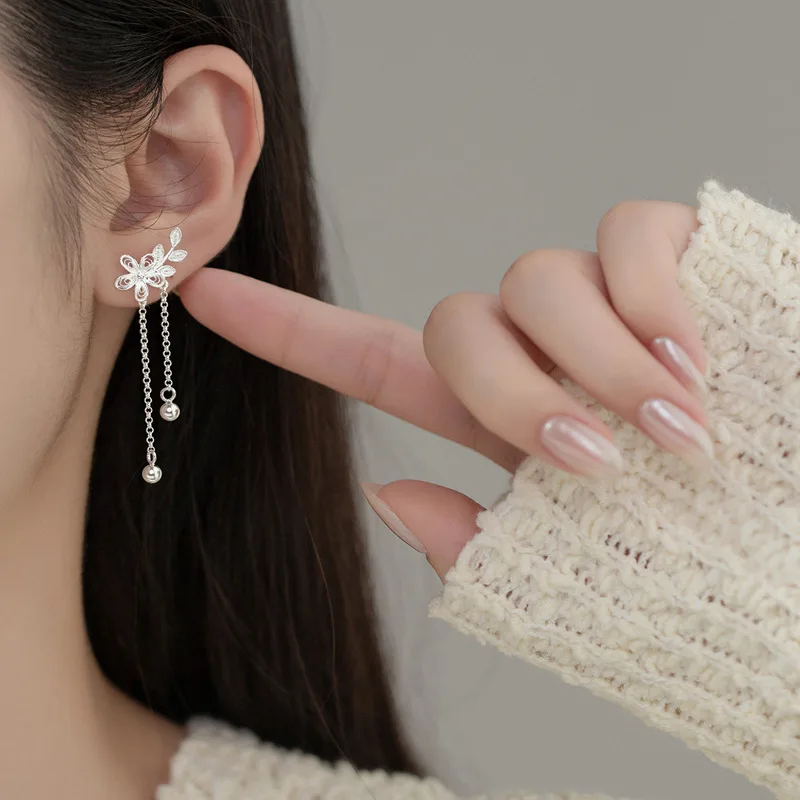 Moda Korea śliczne kolczyki z frędzlami w kształcie kwiatu brzoskwini damskie codzienne akcesoria Party kolczyki w kształcie liści 925 srebro biżuteria na prezent