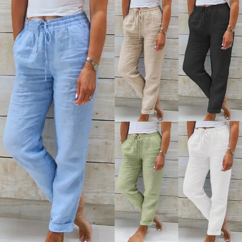 

2025 European and American Women's High-waisted Elastic-waisted Solid-color Cotton and Linen Casual Pants